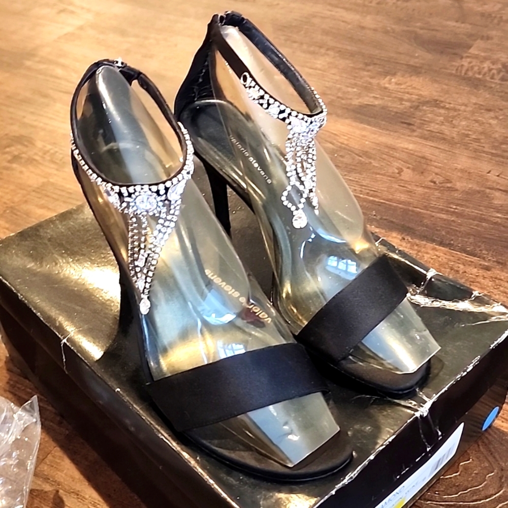 Valerie Stevens Black satin diamond heels